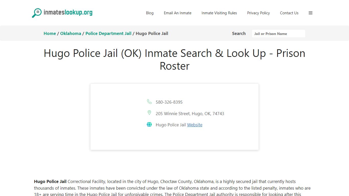 Hugo Police Jail (OK) Inmate Search & Look Up - Prison Roster